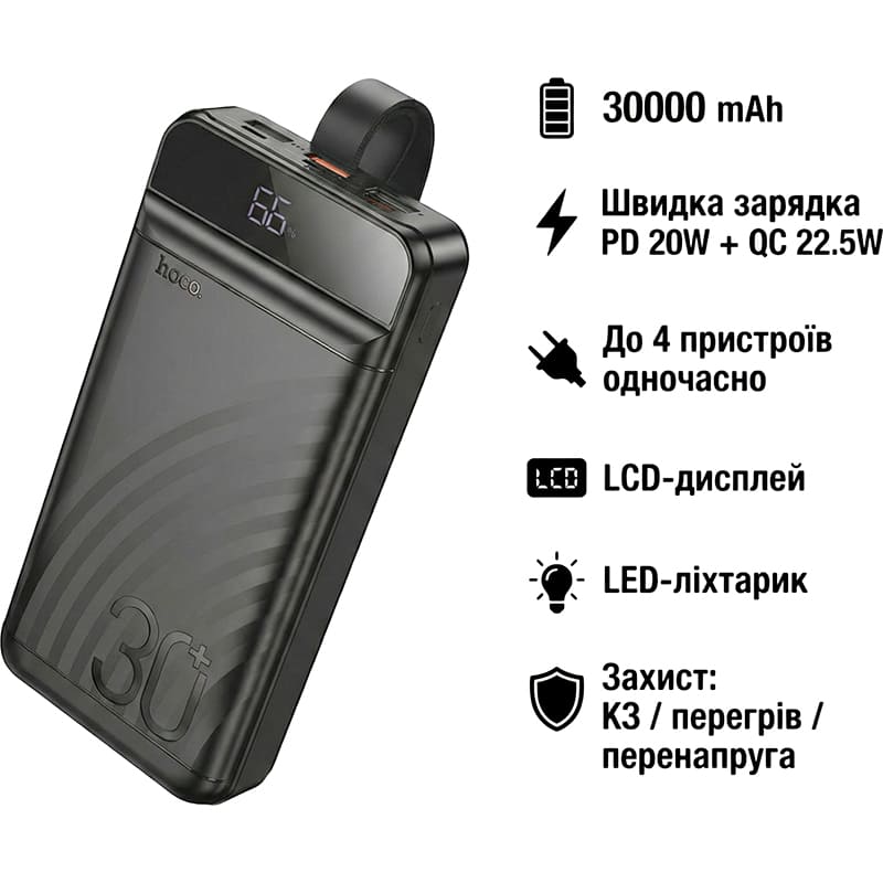 Powerbank HOCO J123B Element 30000 mAh 20W Black Входной разъем micro-USB, USB Type-C, Lightning