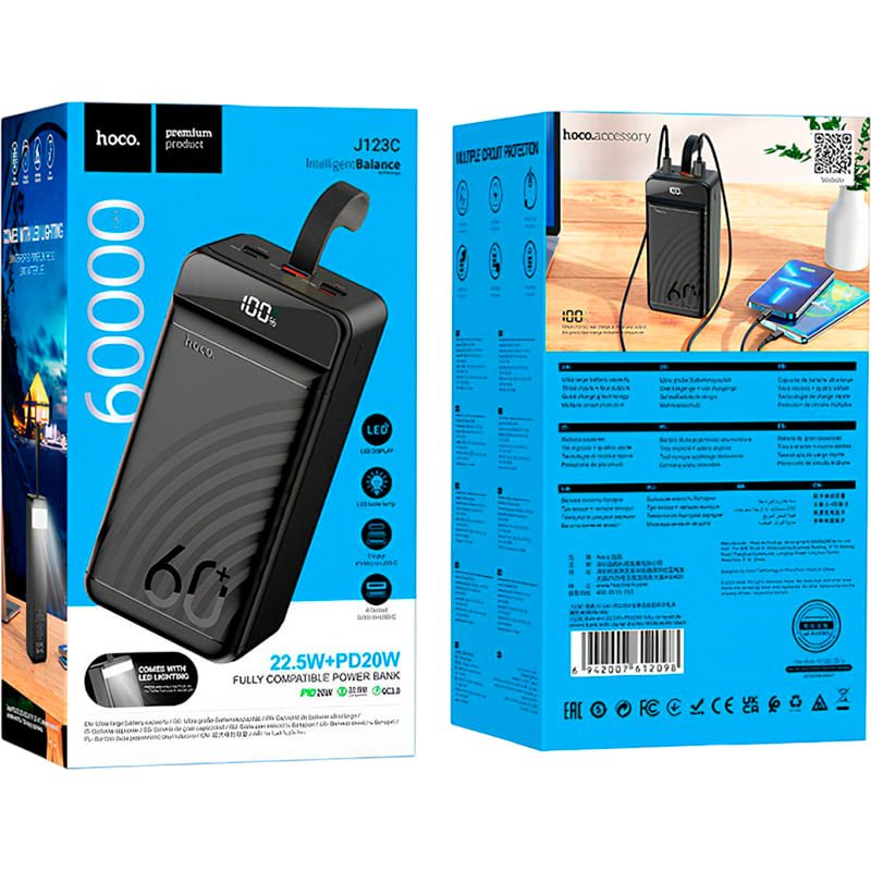 Powerbank HOCO J123C Element 60000 mAh 20W Black (714736) Входной разъем micro-USB, USB Type-C, Lightning