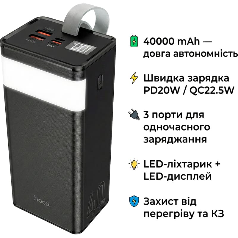 Powerbank HOCO J86 Powermaster 40000 mAh 22.5W Black Входной разъем micro-USB, USB Type-C