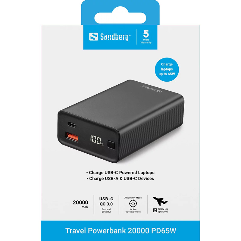 Powerbank SANDBERG 20000 mAh 65W Black (420-95) Емкость 20000