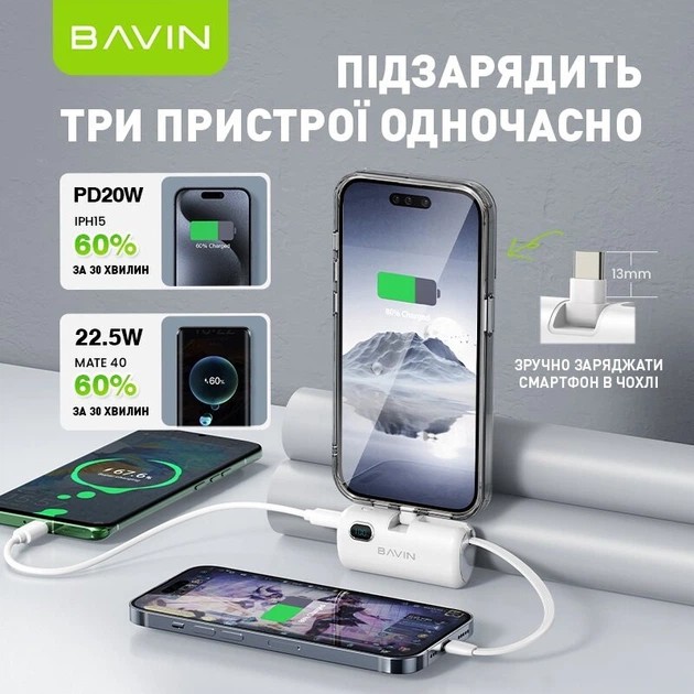 Powerbank BAVIN PC1092S 5000 mAh 22.5W Black (Y-PC1092S-BK) Вхідний роз'єм USB Type-C