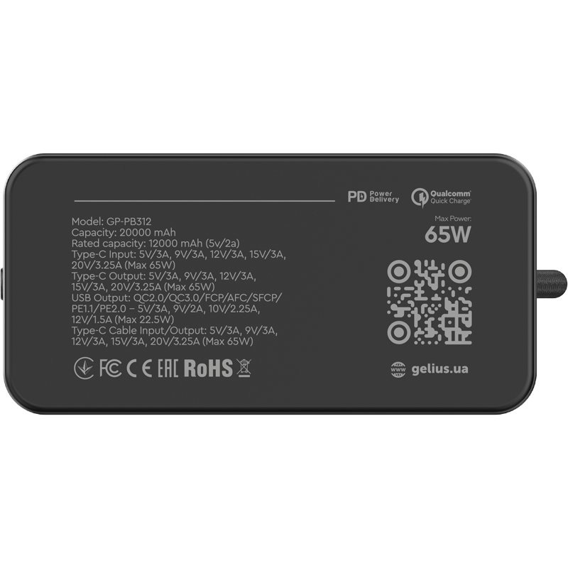 Фото Powerbank GELIUS Veyron 20000mAh 65W(QC/PD) Black (GP-PB312)