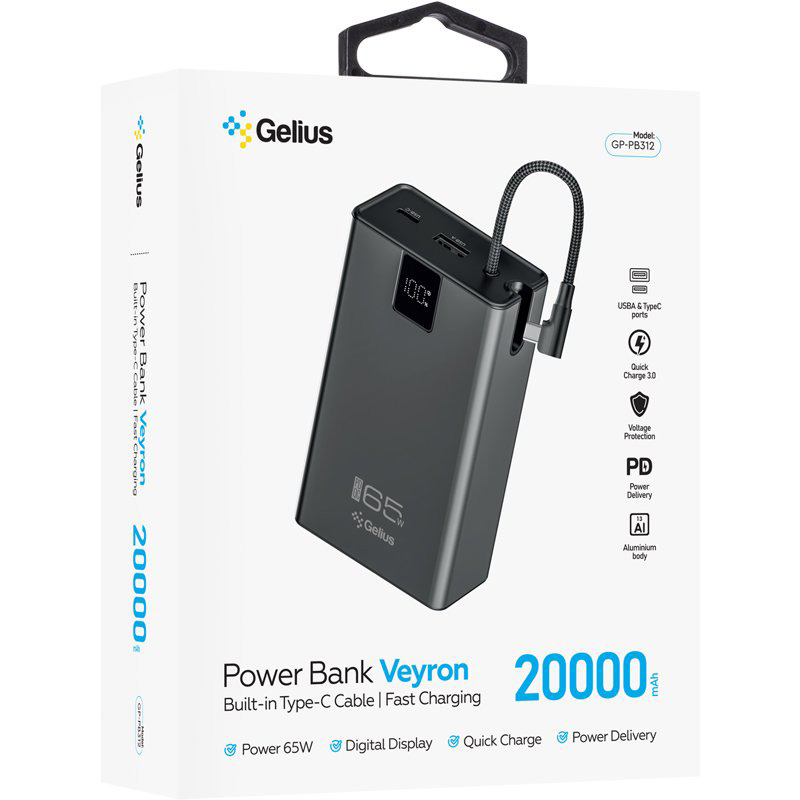 В интернет магазине Powerbank GELIUS Veyron 20000mAh 65W(QC/PD) Black (GP-PB312)