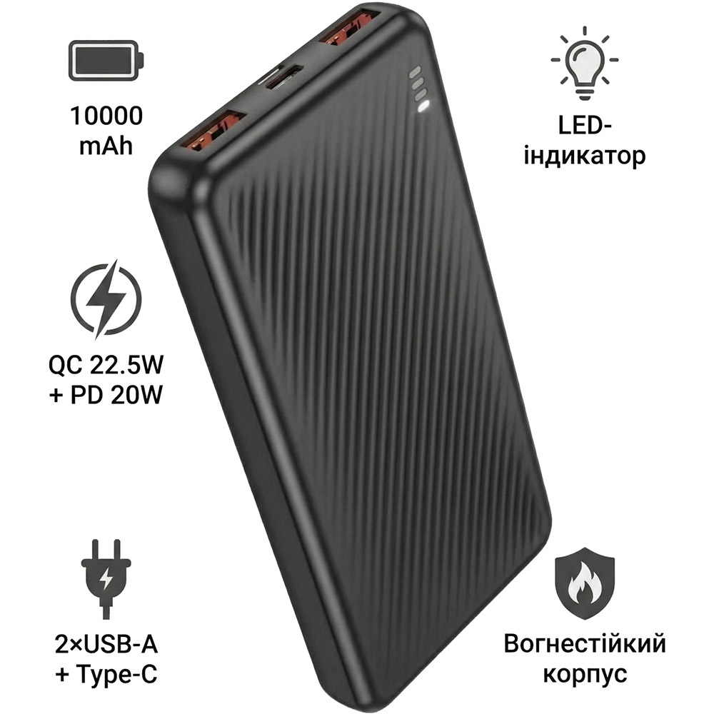 Powerbank BOROFONE 10000mAh BJ56 Graceful PD20W + QC22.5W Black (714787) Входной разъем micro-USB, USB Type-C
