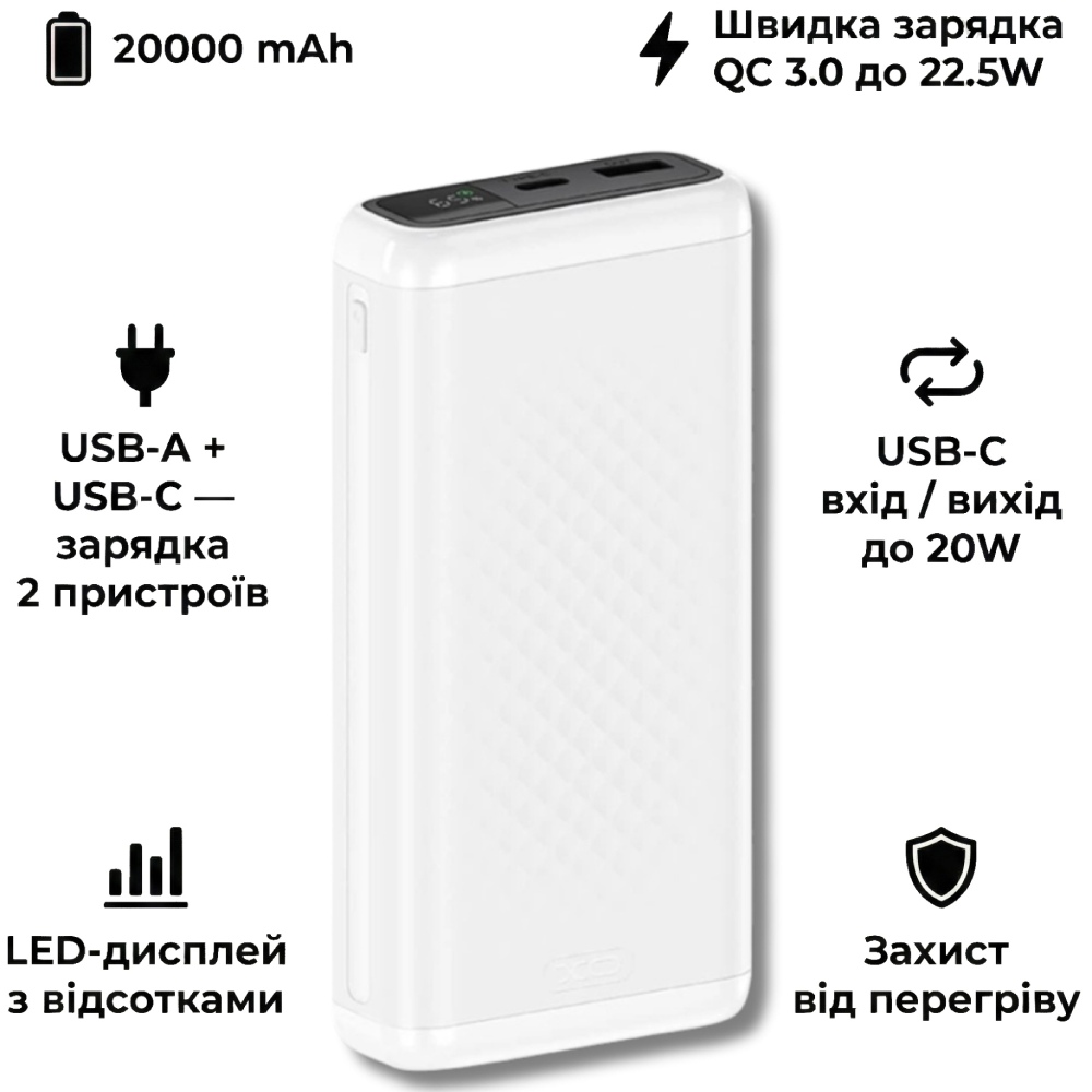Powerbank XO PB309 20000 mAh White (714797) Ємність 20000