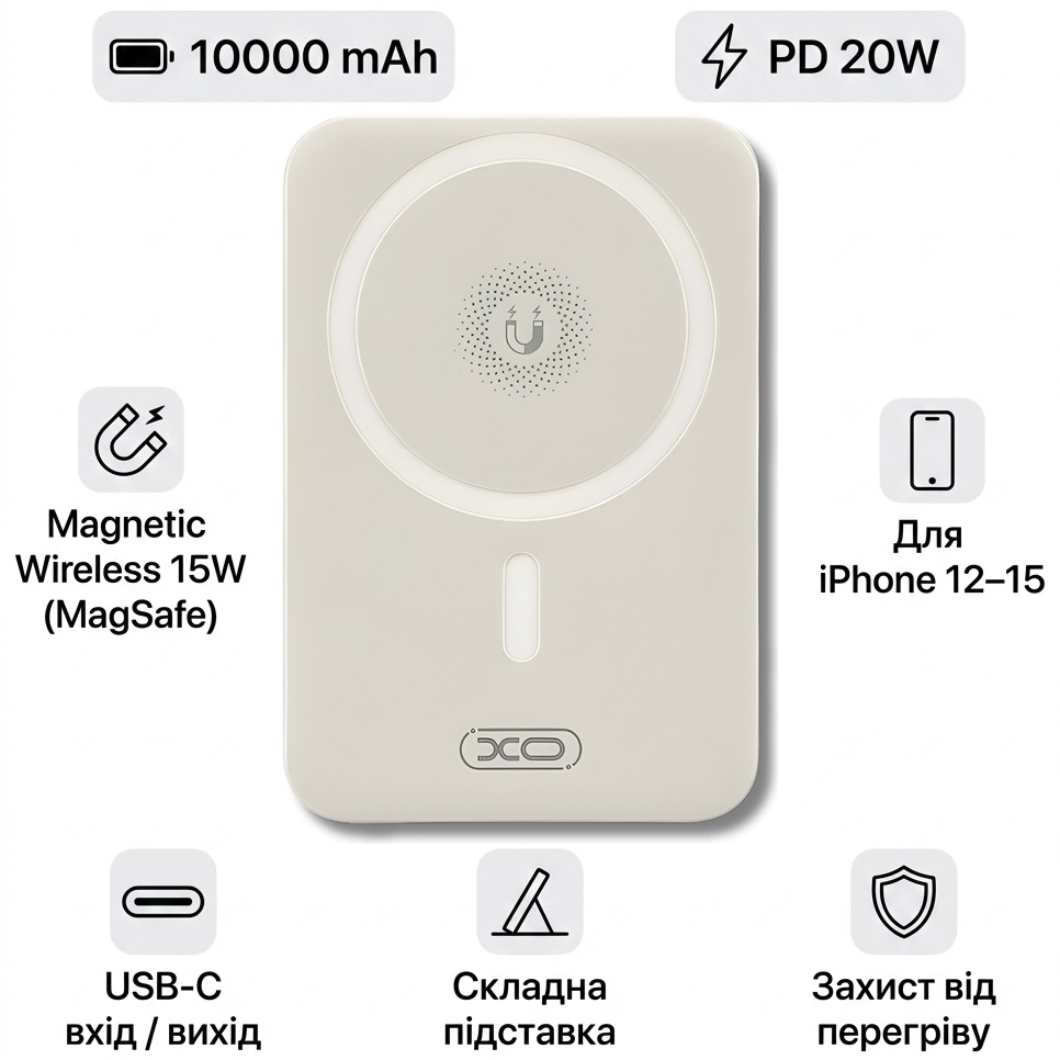 Powerbank XO PR231 Magnetic MagSafe 15W+PD20W 10000 mAh White (714802) Входной разъем USB Type-C