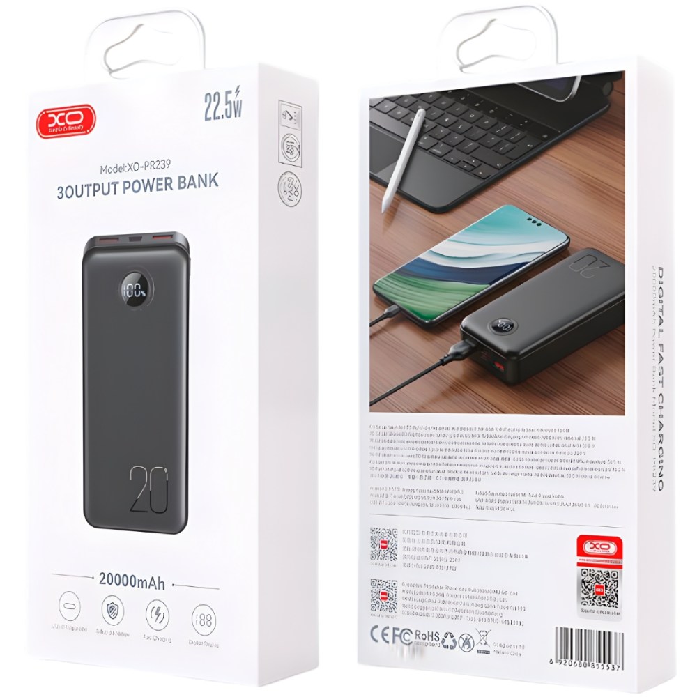 Зовнішній вигляд Powerbank XO PR239 PD20W/QC22.5W + LED 20000 mAh Black (714803)
