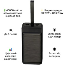 Powerbank XO PR157 PD20W/QC22.5W + LED Lamp 40000 mAh Black (714799)