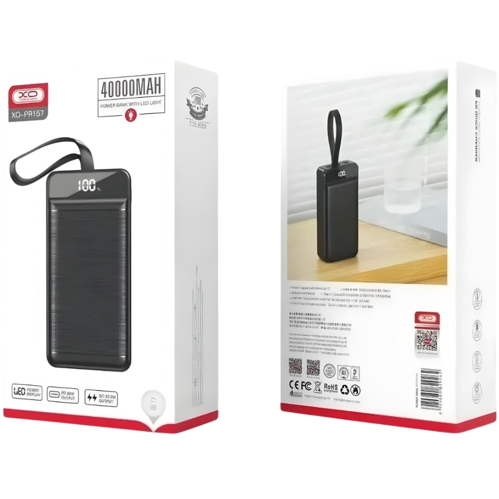 Внешний вид Powerbank XO PR157 PD20W/QC22.5W + LED Lamp 40000 mAh Black (714799)