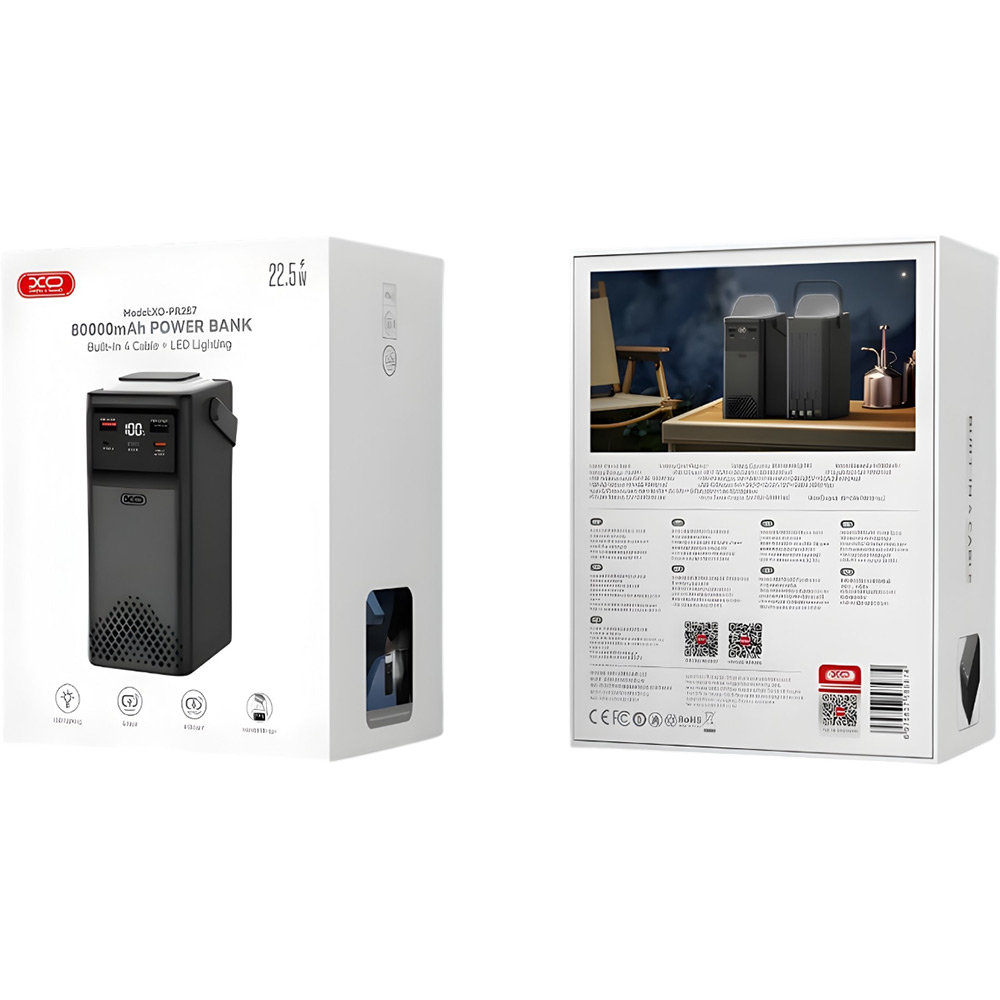 В Украине Powerbank XO PR287 80000mAh Four Built-in Cables + LED Display & Flashlight Black (714811)