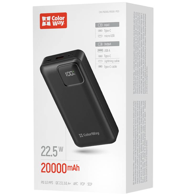 Powerbank COLORWAY 20000 mAh Optimal Power Black (USB QC3.0 + USB-C PD22.5W) Входной разъем micro-USB, USB Type-C