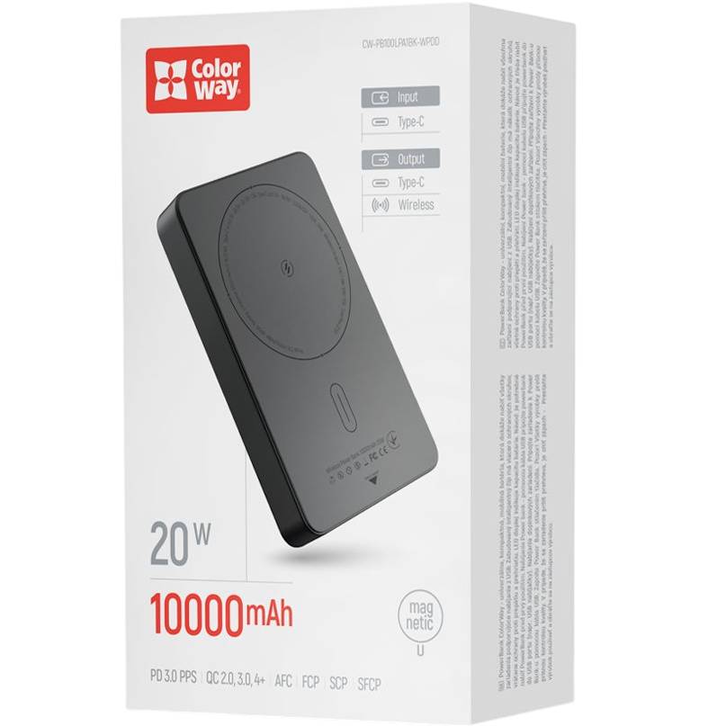 Powerbank COLORWAY 10000 mAh 15W MagSafe (USB-C PD 20W) Black Вхідний роз'єм USB Type-C