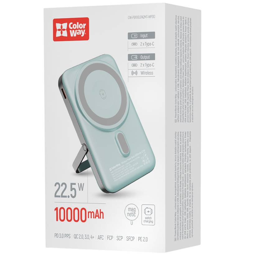 Зовнішній вигляд Powerbank COLORWAY 10000 mAh 15W MagSafe & Watch Wireless Aquamarine USB-C PD 22.5W (CW-PB100LPA2MT-WPDD)