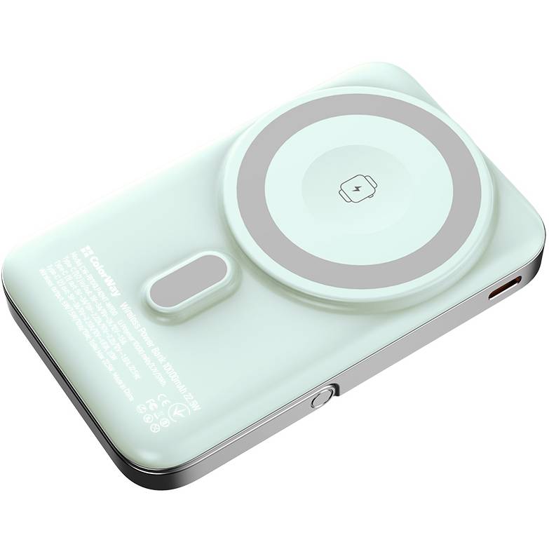 Powerbank COLORWAY 10000 mAh 15W MagSafe & Watch Wireless Aquamarine USB-C PD 22.5W (CW-PB100LPA2MT-WPDD) Ємність 10000