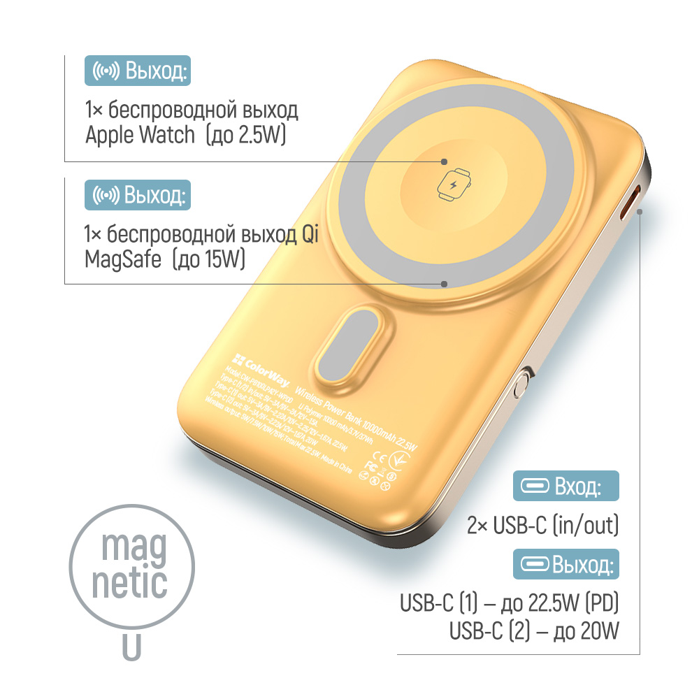 Фото Powerbank COLORWAY 10000 mAh 15W MagSafe & Watch Wireless Amber USB-C PD 22.5W (CW-PB100LPA2Y-WPDD)