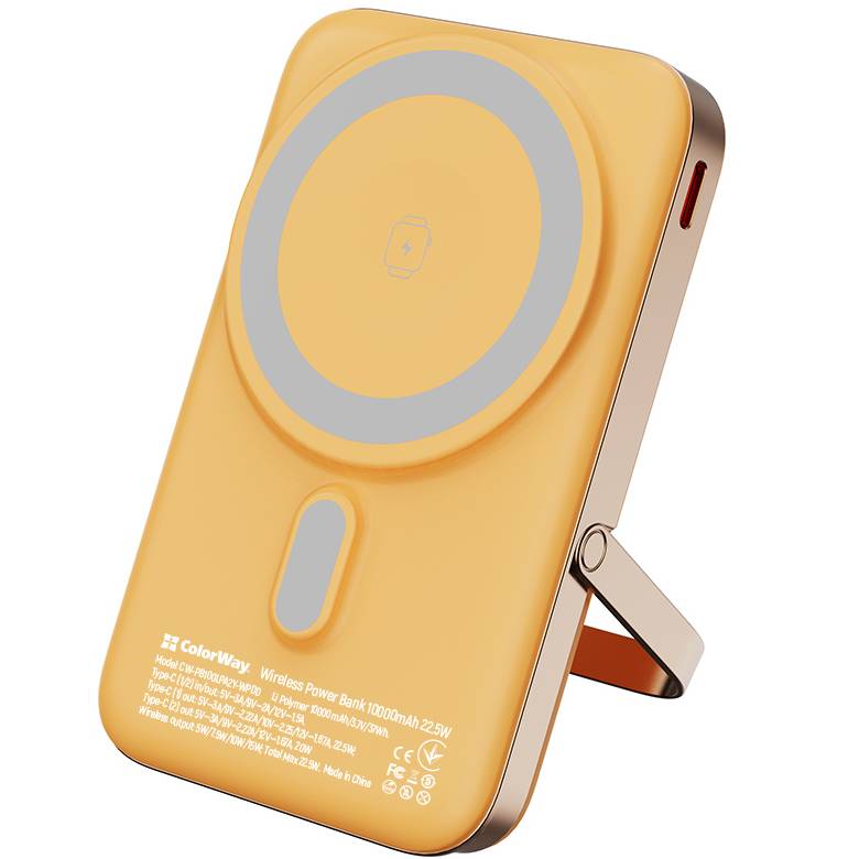 Powerbank COLORWAY 10000 mAh 15W MagSafe & Watch Wireless Amber USB-C PD 22.5W (CW-PB100LPA2Y-WPDD) Ємність 10000