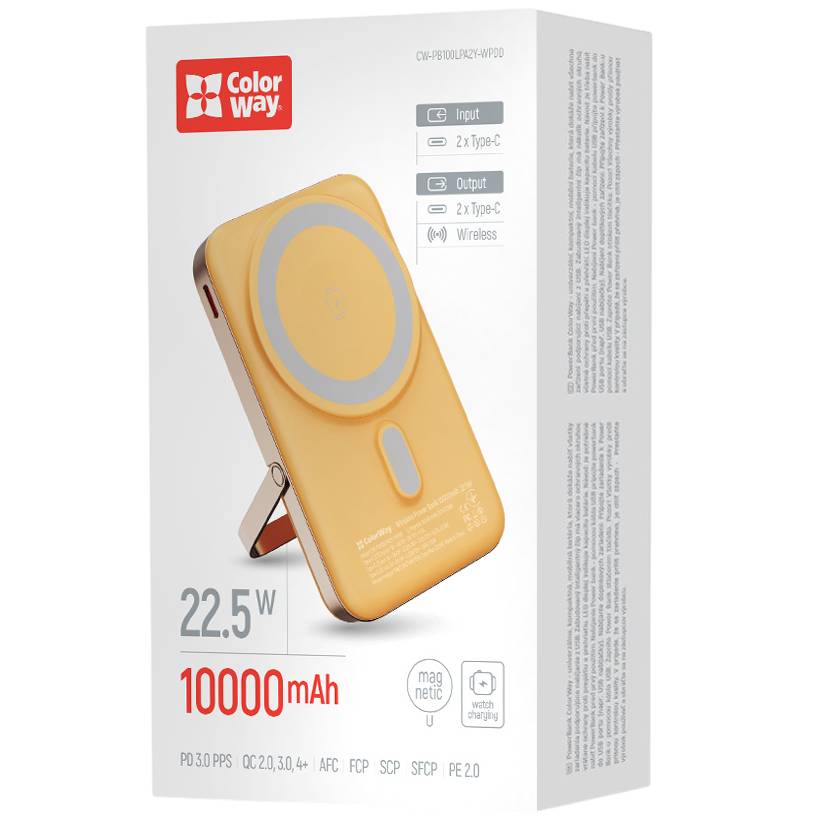 Powerbank COLORWAY 10000 mAh 15W MagSafe & Watch Wireless Amber USB-C PD 22.5W (CW-PB100LPA2Y-WPDD) Вхідний роз'єм USB Type-C