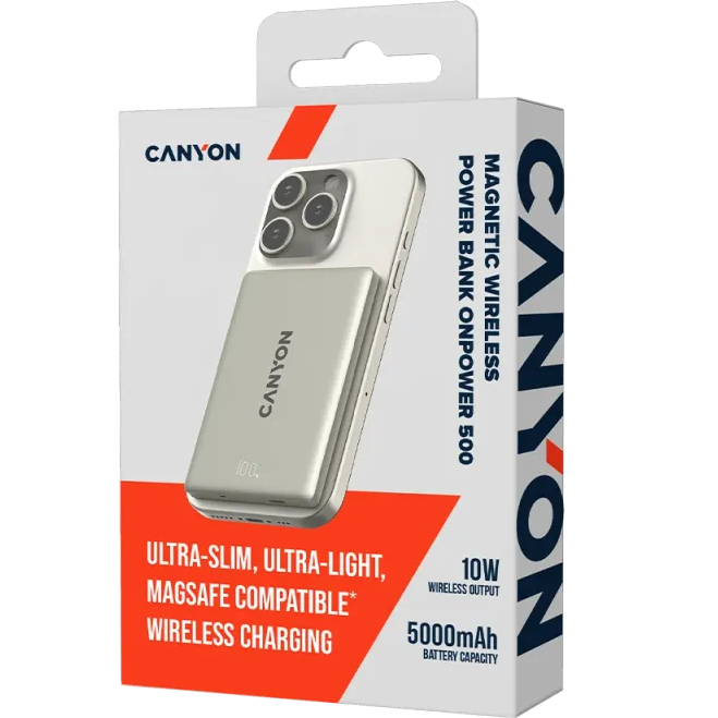 Внешний вид Powerbank CANYON 5000mAh OnPower 500 magnetic Aluminium Star Grey (CNS-CPB500G)