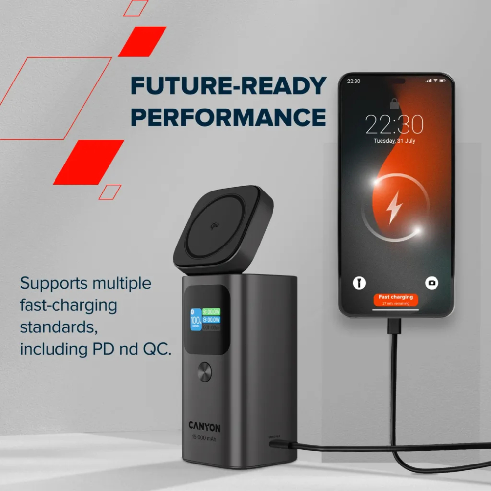 Фото 14 Powerbank CANYON 15000mAh OnPower 150 Qi2 magnetic 100W Aluminium Dark grey (CNS-CPB150DG)