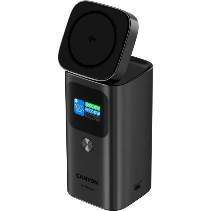Powerbank CANYON 15000mAh OnPower 150 Qi2 magnetic 100W Aluminium Dark grey (CNS-CPB150DG) Емкость 15000