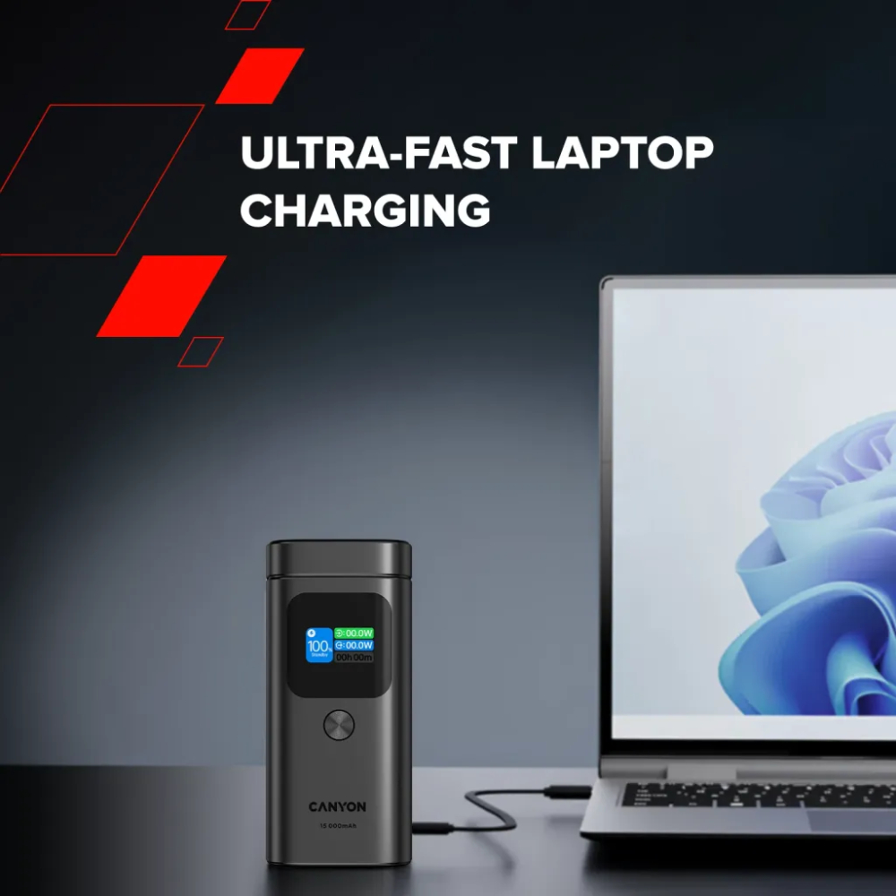 Изображение Powerbank CANYON 15000mAh OnPower 150 Qi2 magnetic 100W Aluminium Dark grey (CNS-CPB150DG)