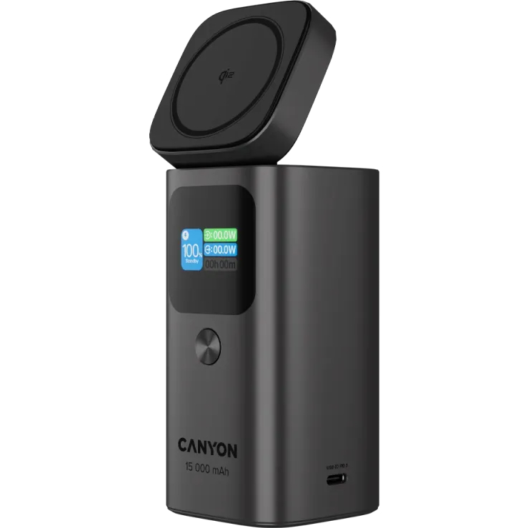 Powerbank CANYON 15000mAh OnPower 150 Qi2 magnetic 100W Aluminium Dark grey (CNS-CPB150DG) Тип аккумулятора Li-Pol