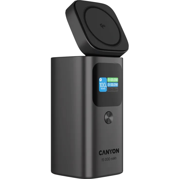 Powerbank CANYON 15000mAh OnPower 150 Qi2 magnetic 100W Aluminium Dark grey (CNS-CPB150DG) Входной разъем USB Type-C