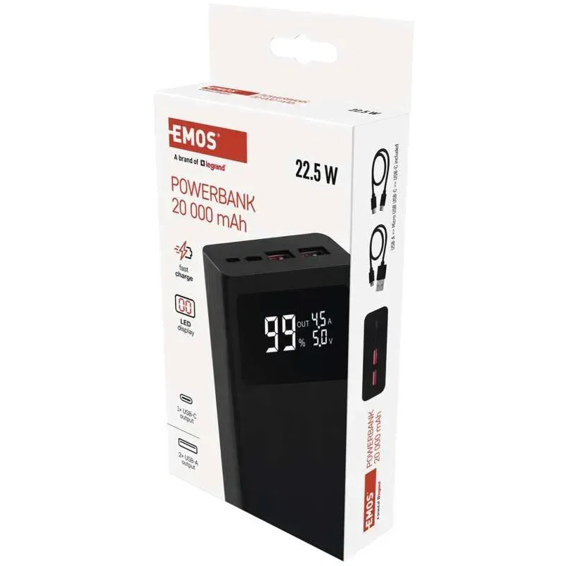 Обзор Powerbank EMOS 20000mAh BetaQ20 22,5W PD20W black (9B0532B)