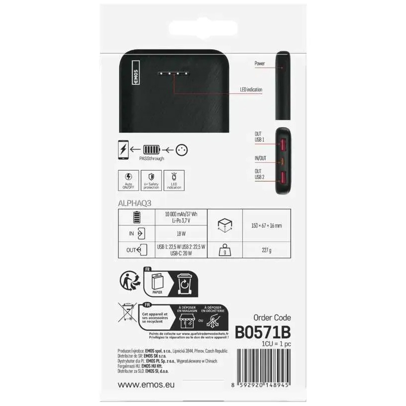 Фото 16 Powerbank EMOS 10000mAh AlphaQ3 22,5W PD20W black (B0571B)