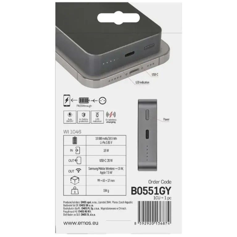Фото 19 Powerbank EMOS 10000mAh EMOS WI1046 20W PD20W grey (B0551GY)