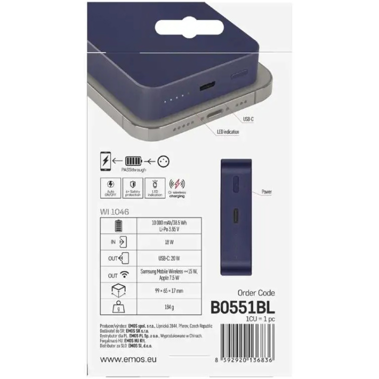 Фото 19 Powerbank EMOS 10000mAh WI1046 20W PD20W blue (B0551BL)
