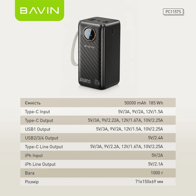 Покупка Powerbank BAVIN PC1157S 50000 mAh 22.5W Black (Y-PC1157S-BK)