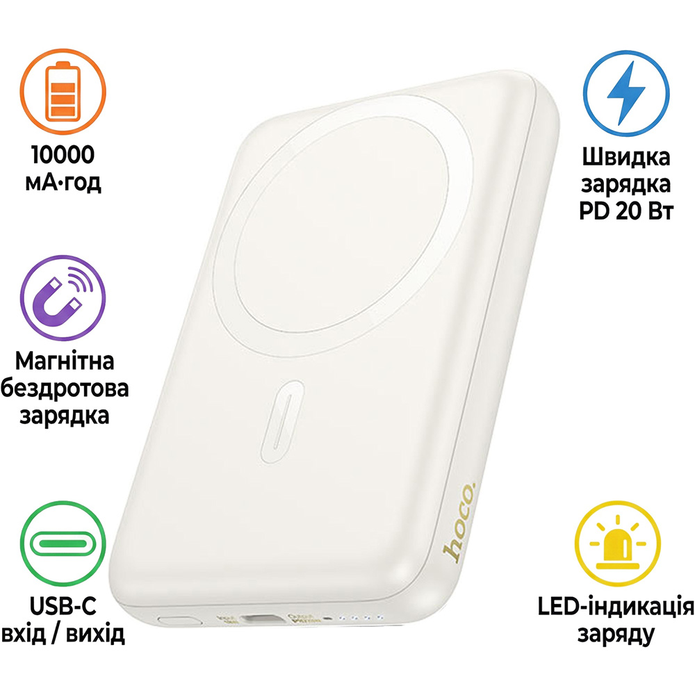 Powerbank HOCO J141 Grace 10000mAh PD20W Magnetic White (714985) Вхідний роз'єм USB Type-C