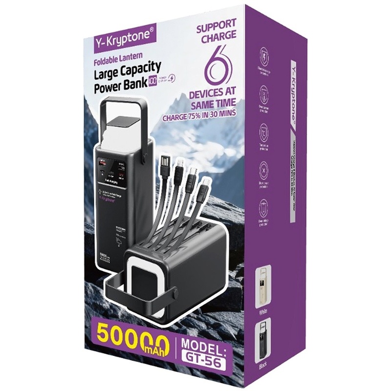 Powerbank Y-Kryptone GT-56 LED LAMP 50000 mAh QC3.0 22.5W Super Fast Charge Black (YK-GT56-B) Торговая марка Y-Kryptone