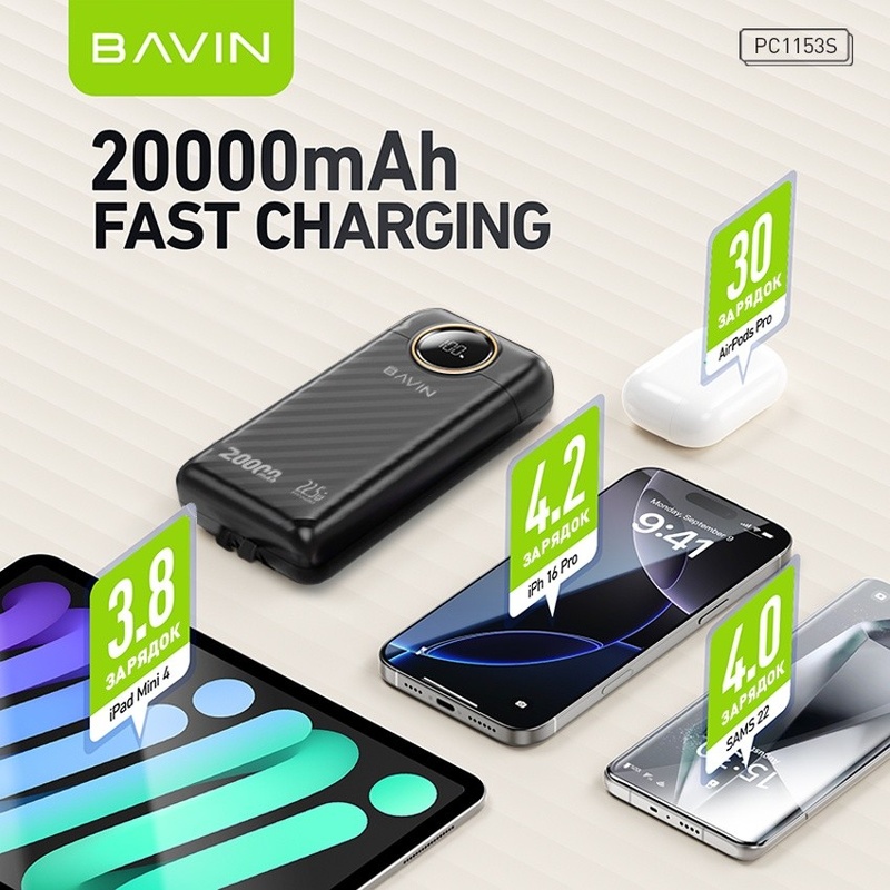 Зовнішній вигляд Powerbank BAVIN PC1153S 20000 mAh 22.5W Fast Charging Black (Y-PC1153S-BK)