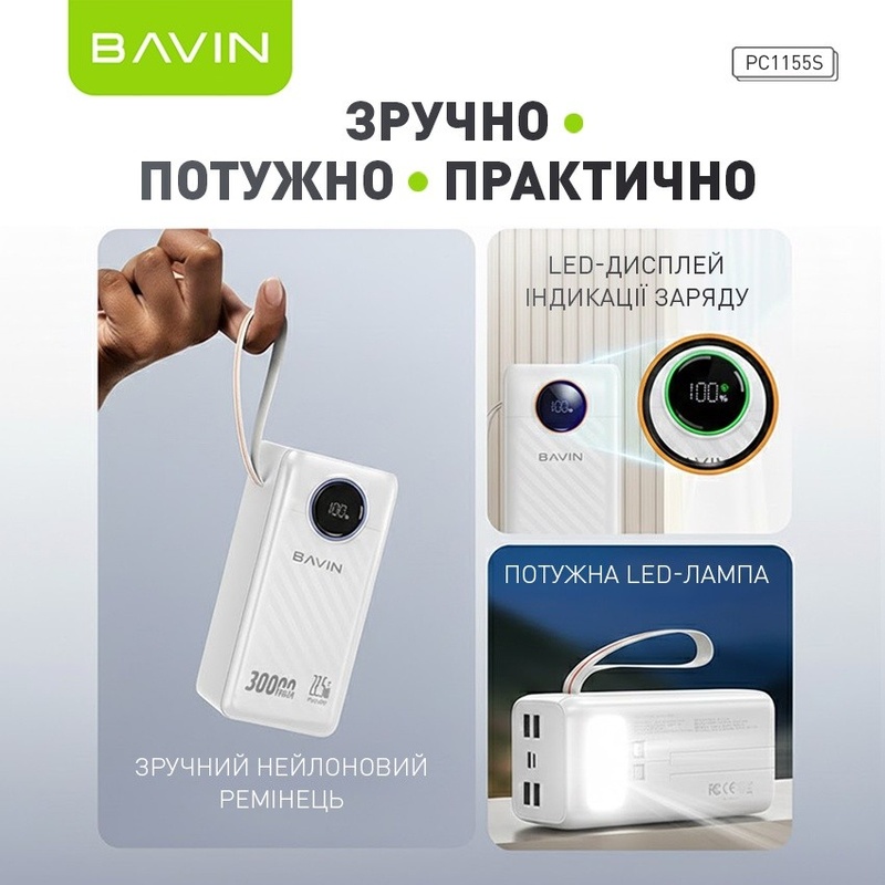Powerbank BAVIN PC1155S 30000 mAh 22.5W Fast Charging White (Y-PC1155S-WH) Ємність 30000