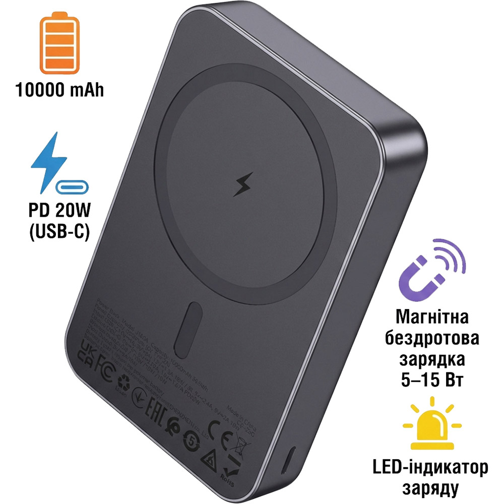 Внешний вид Powerbank HOCO J160A Original 10000mAh PD20W Magnetic (MagSafe compatible) Metal Gray (714992)