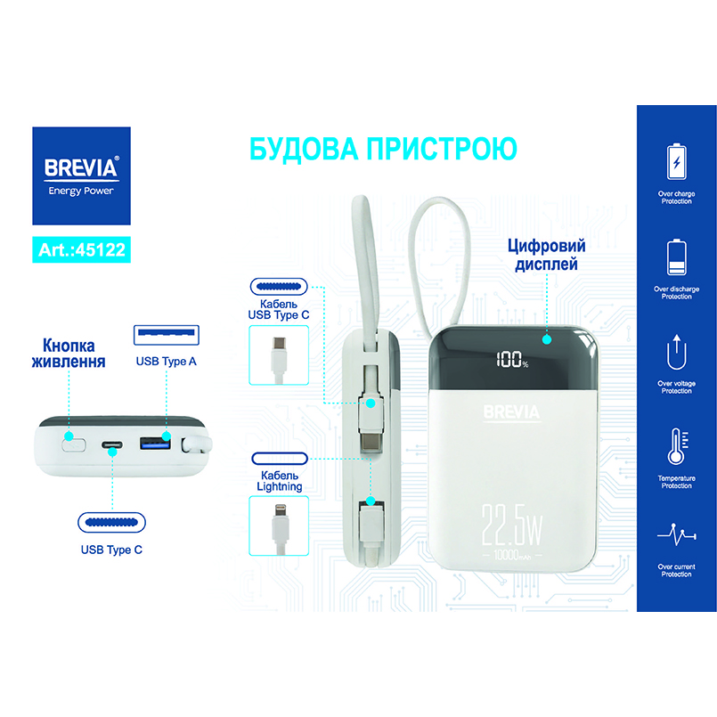 В Україні Powerbank BREVIA 10000mAh 22.5W Type-C + Lightning (45122)