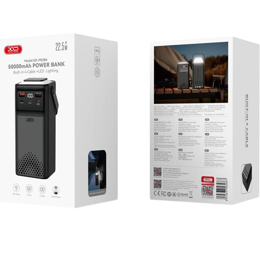Powerbank XO 50000mAh PR286 20W+22,5W Black (XO-PR286-BK) Входной разъем USB Type-C, Lightning