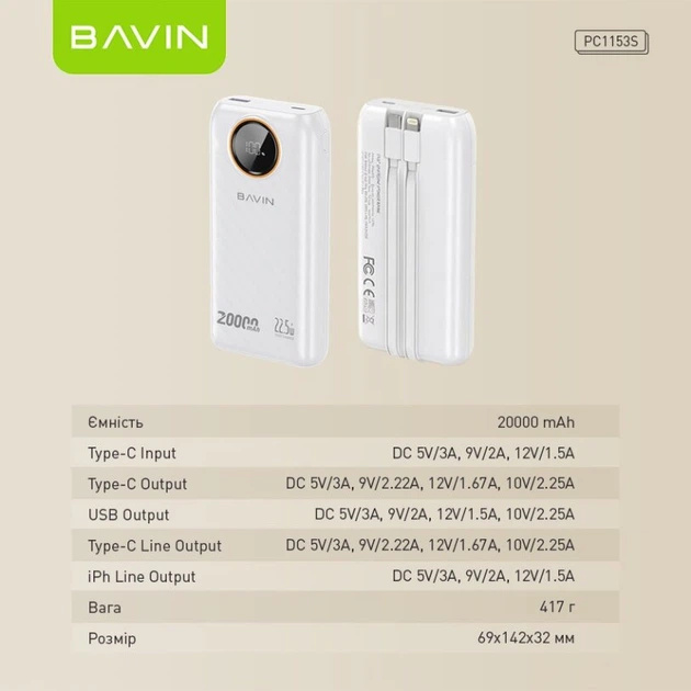 Фото Powerbank BAVIN PC1153S White (Y-PC1153S-WH)