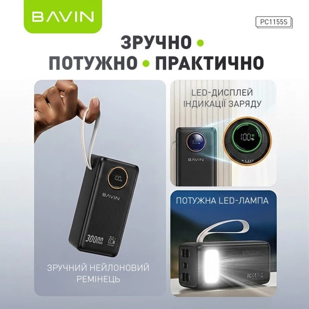 Powerbank BAVIN PC1155S 30000 mAh Black (Y-PC1155S-BK) Ємність 30000