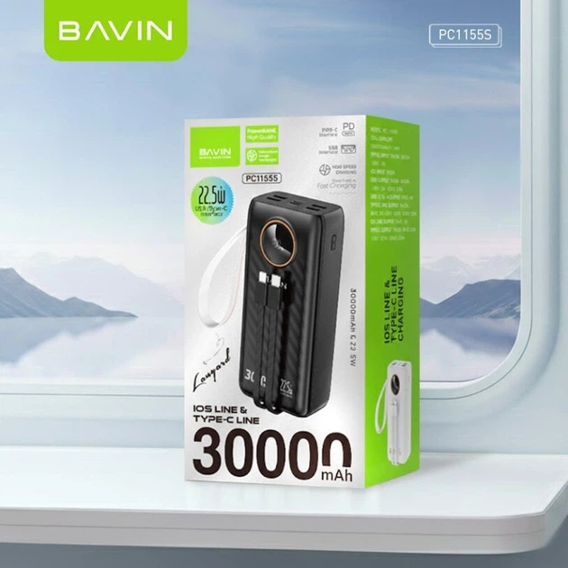 Powerbank BAVIN PC1155S 30000 mAh Black (Y-PC1155S-BK) Вхідний роз'єм Lightning, USB Type-A, USB Type-C