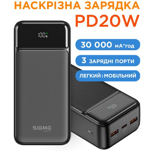 Powerbank SIGMA X-power SI30A4QL 30000 mah 20W Black (4827798787311) Входной разъем USB Type-C