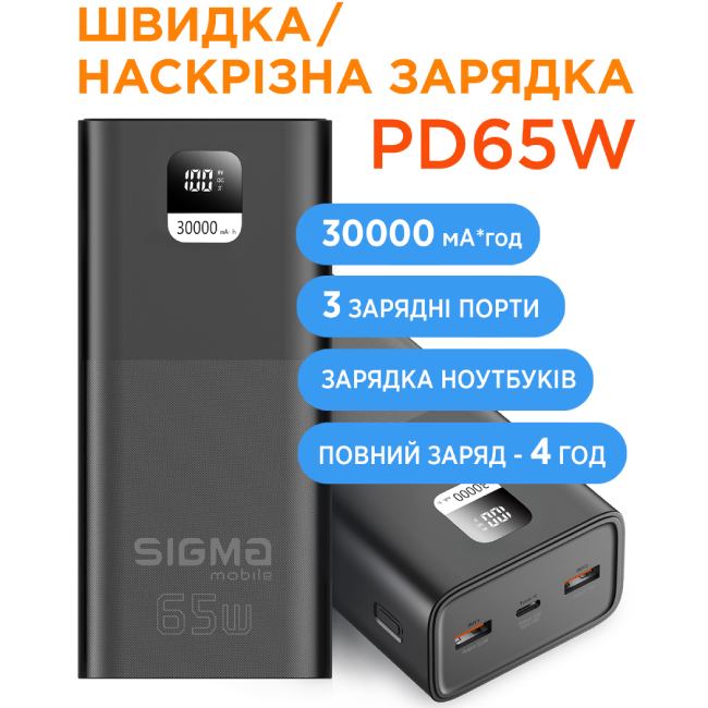 Внешний вид Powerbank SIGMA X-power SI30A6QLX 30000 mah 65W Black (4827798835111)