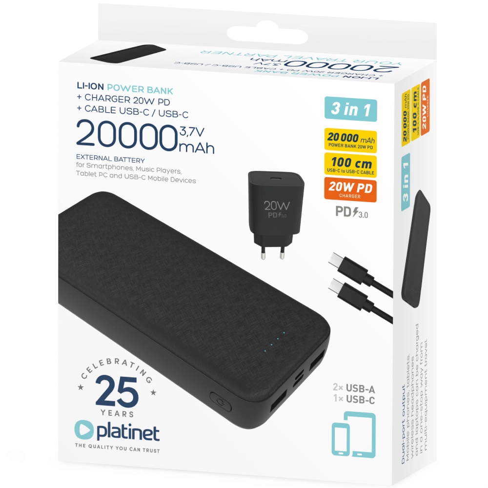 Powerbank PLATINET 20000mAh Black (PMPB20SETB) Емкость 20000