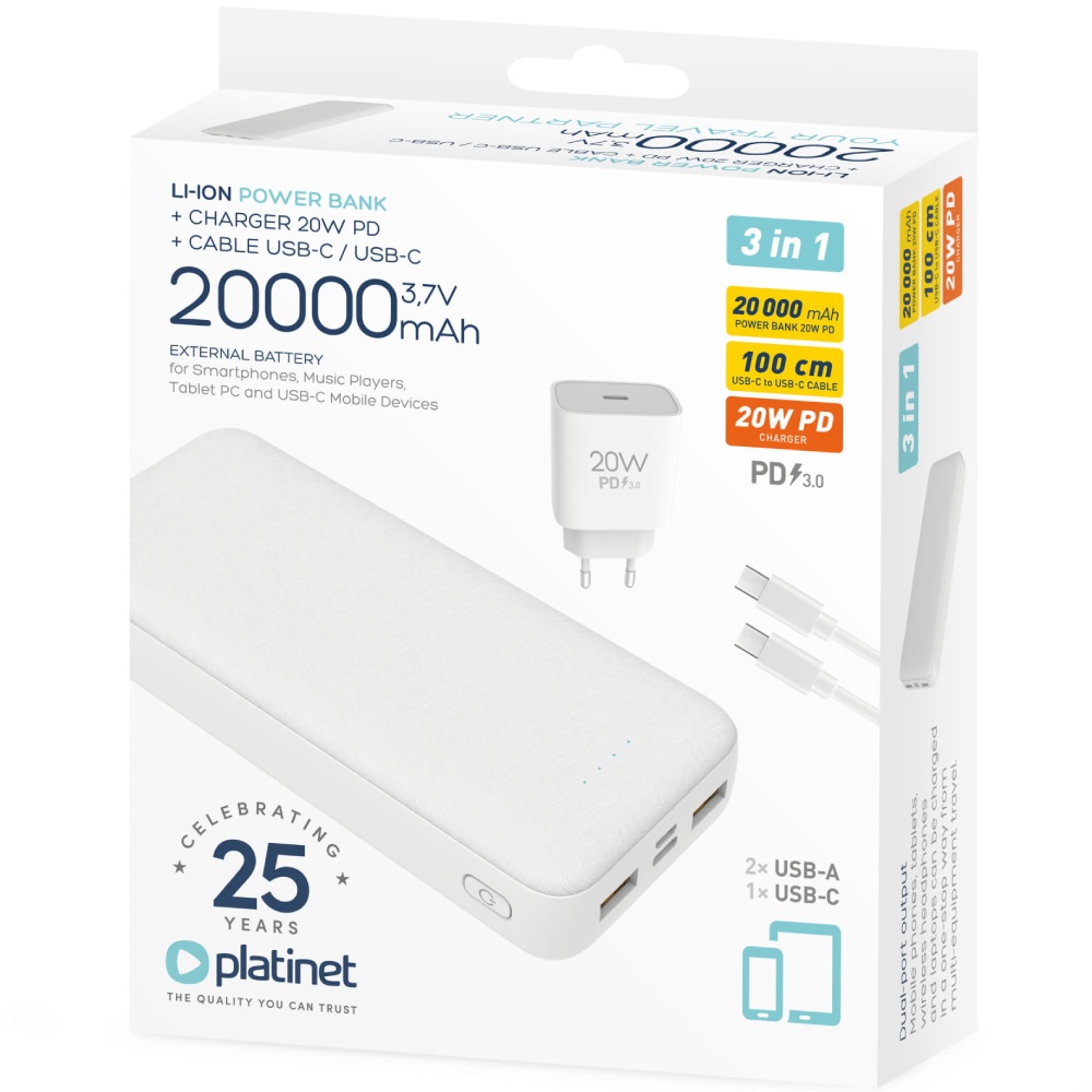 Powerbank PLATINET 20000 mAh White (PMPB20SETW) Емкость 20000