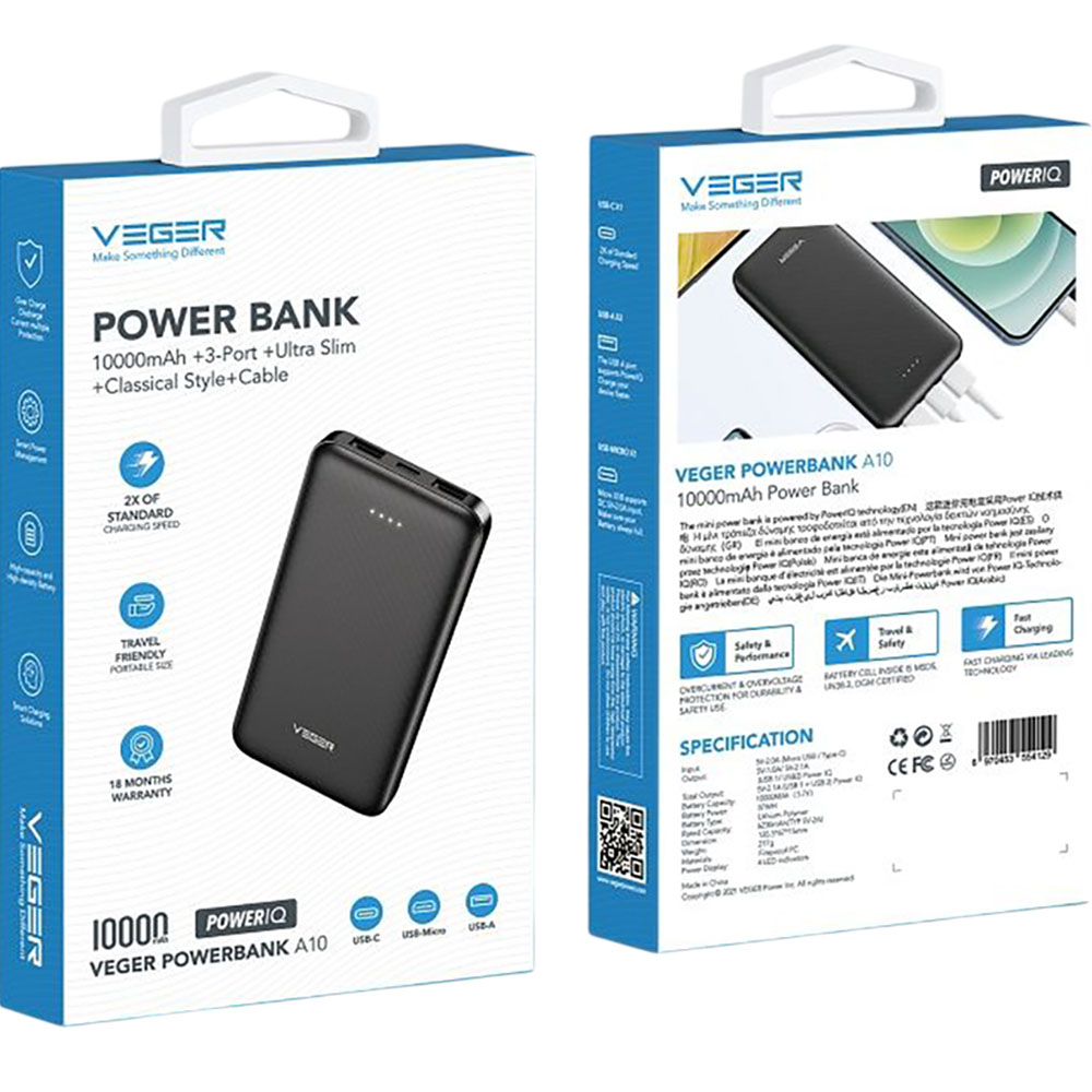 Внешний вид Powerbank VEGER 10000mAh (W1065.black)