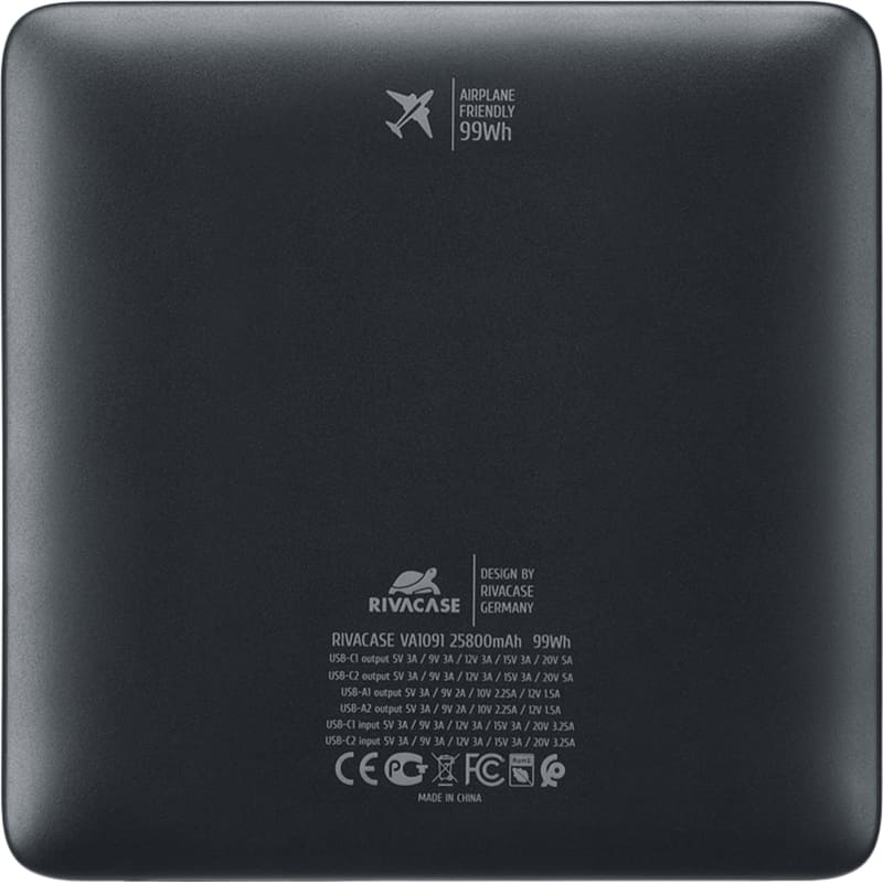 Powerbank RIVACASE RIVAPOWER VA1091 25800mAh 100W Black Вхідний роз'єм USB Type-C