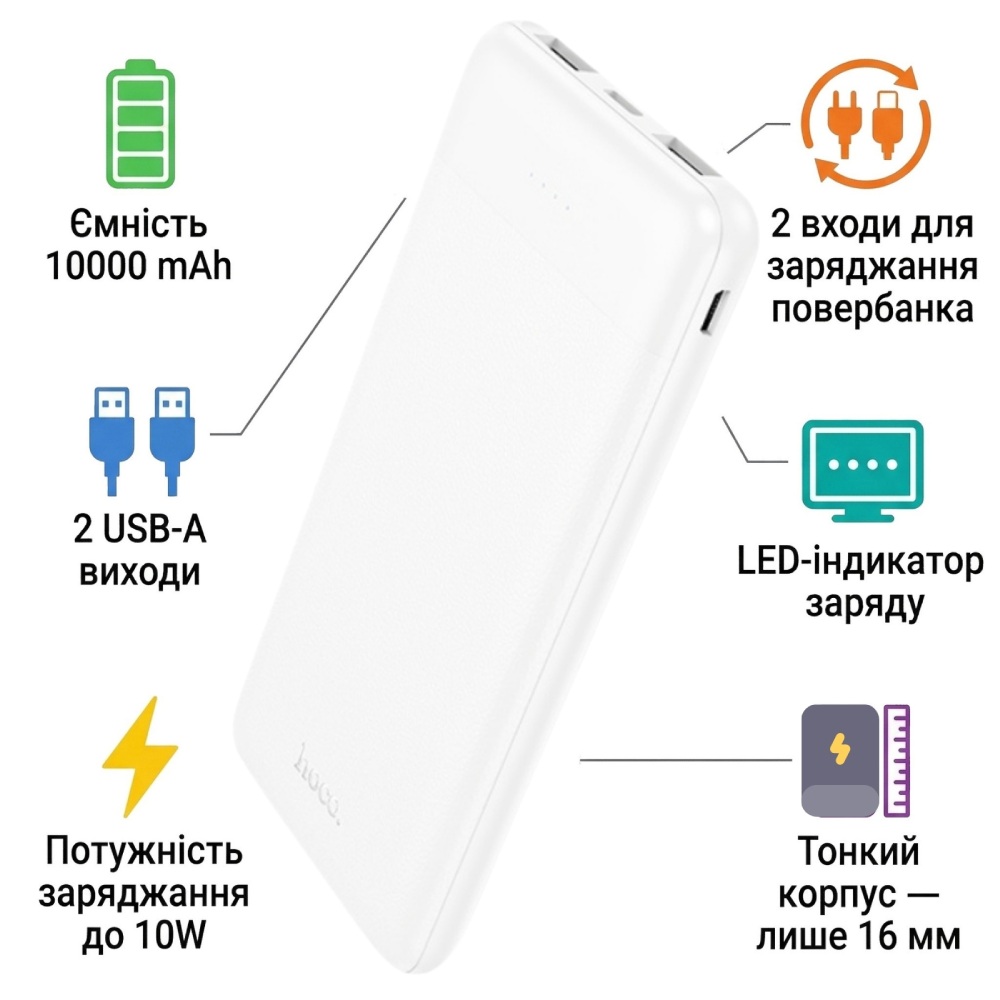 Powerbank HOCO J153 Stability 10000 mAh 10W White (715099) Тип акумулятора Li-Pol