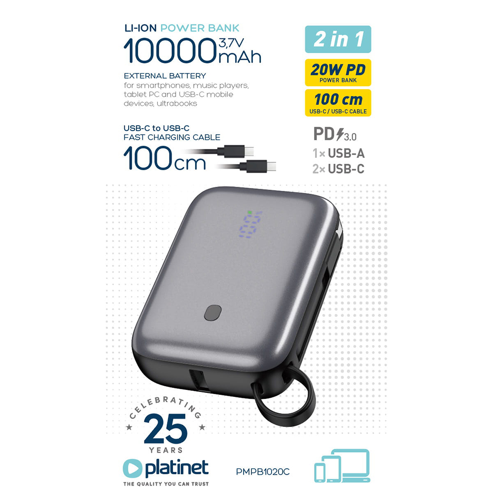 Фото Powerbank PLATINET 10000mAh 20W PD WITH CABLE (PMPB1020C)